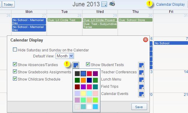 Checkboxes allow items to be displayed or hidden from the calendar.