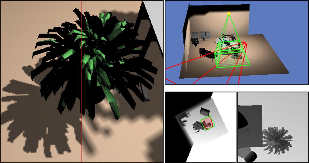 Bottom right: Location of convex hull (red) and minimum area enclosing rectangle (green) in the non-optimized shadow map. Figure 7.
