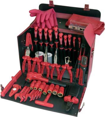 Tool cases, Toolbags 1000 V Tool case Delux 1000 V of signal-red leather, with 54 safety tools, case 22 01 42 containing: VDE telephone pliers, bent, 200 mm VDE side cutters 165 mm 2C-VDE electrician