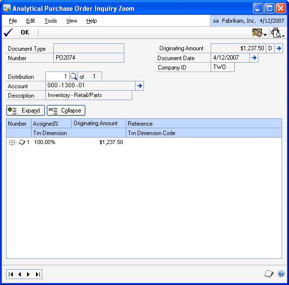 CHAPTER 6 PURCHASE ORDER PROCESSING TRANSACTIONS To view analysis information for purchase orders: 1. Open the Analytical Purchase Order Inquiry Zoom window.