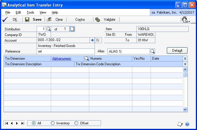 PART 2 TRANSACTIONS To enter analysis information during transfer entry: 1. Open the Analytical Item Transfer Entry window.
