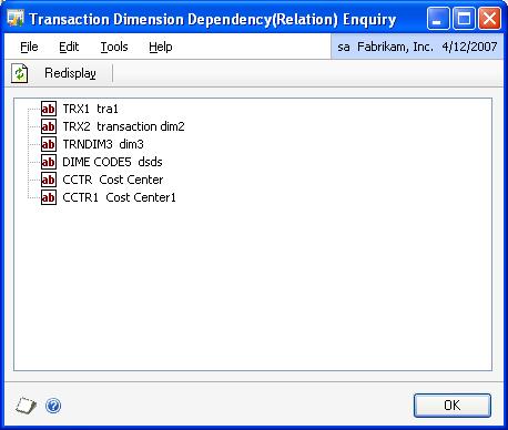 PART 3 ROUTINES, INQUIRIES AND REPORTS To view a transaction dimension relationship: 1. Open the Transaction Dimension Dependency (Relation) Inquiry window.