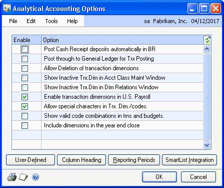 CHAPTER 1 SETUP To set up Analytical Accounting options: 1. Open the Analytical Accounting Options window.