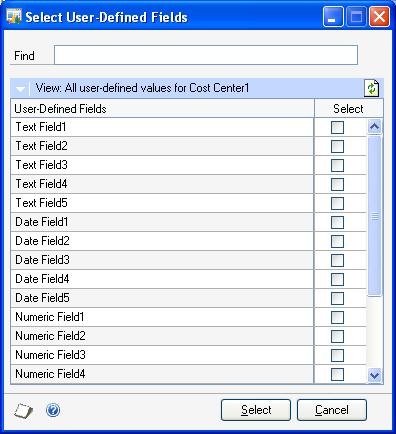 CHAPTER 18 INQUIRIES 6. Mark the User-Defined Field checkbox to open the Select User-Defined Fields window. You can mark this box only when the selected level is an alphanumeric transaction dimension.