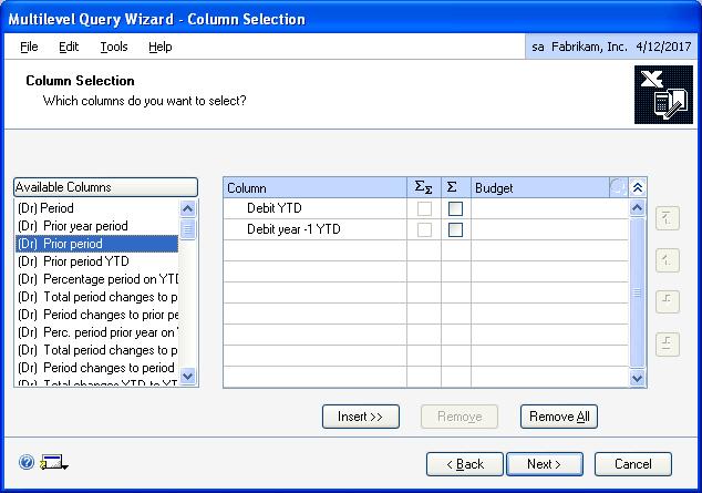 PART 3 ROUTINES, INQUIRIES AND REPORTS 10. Choose Next to open the Multilevel Query wizard-column Selection window. You can select the columns to be displayed in the query in this window.