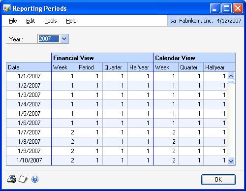 PART 1 SETUP To define fiscal years: 1. Open the Reporting Periods window. (Microsoft Dynamics GP menu >> Tools >> Setup >> Company >> Analytical Accounting >> Options >> Reporting Periods button) 2.