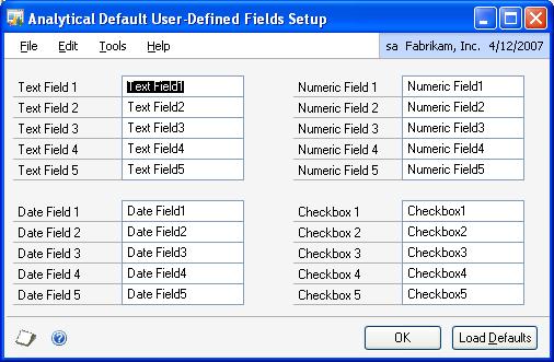 PART 1 SETUP To set up default user-defined fields for transaction dimensions: 1. Open the Analytical Default User-Defined Fields Setup window.