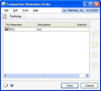 PART 1 SETUP dimensions in the order that is specified in the Transaction Dimension Order window. To change the order of transaction dimensions: 1. Open the Transaction Dimension Order window.