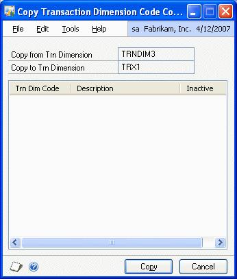 PART 1 SETUP Copying a transaction dimension code combination You can copy one, all, or a subset of the related transaction dimension code combinations in the Transaction Dimension Code Validation