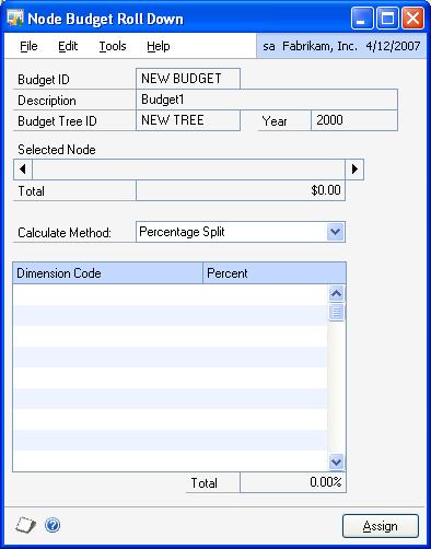 CHAPTER 3 BUDGETS Rolling down node budget amounts Use the Node Budget Roll Down window to roll down budget amounts from one node to the codes on the node immediately below it.
