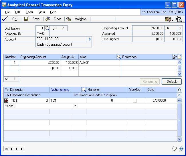 PART 2 TRANSACTIONS Company >> Company >> Options), you may need to enter analysis information for distribution accounts that are created from the Tax Entry window.