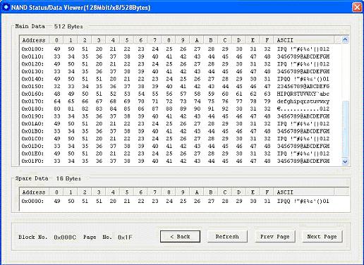 NAND Flash Viewer Figure 4: Snapshot of Page Data Title bar The title bar displays the capacity, bus width and page size, respectively, of the current virtual NAND Flash device (128Mb/x8/528 bytes,