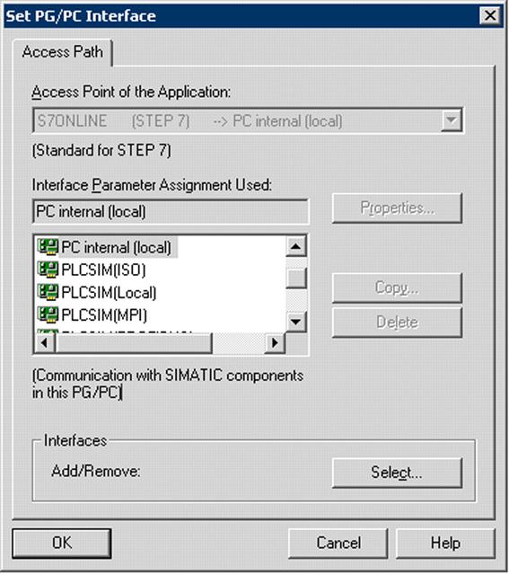 First steps for the project 2.1 Configuration of PC station Step Action 5 Select SIMATIC Manager: "Options > Set PG/PC interface". The dialog box "Set PG/PC Interface" opens.