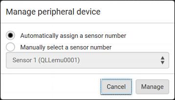 Chapter 6: Using the Web Interface 2. The "Manage peripheral device" dialog appears. To let the PXE randomly assign an ID number to it, select "Automatically assign a sensor number.