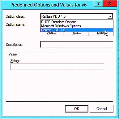 Appendix C: Bulk Configuration or Firmware Upgrade via DHCP/TFTP b. Select Raritan PDU 1.0 in the "Option cl