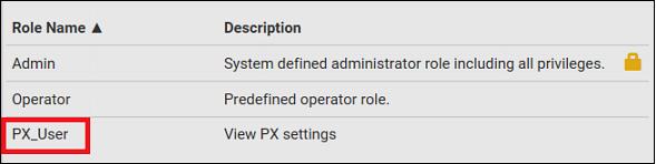 The PX_User role is created. 4. Keep the Roles page open to create the PX_Admin role. To create the PX_Admin role with full permissions assigned: 1.