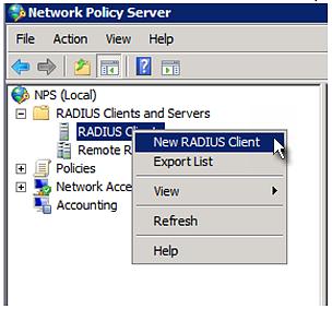 Appendix G: RADIUS Configuration Illustration 3. Under "RADIUS Clients and Servers," right-click RADIUS Client and select New RADIUS Client. The New RADIUS Client dialog appears. 4.