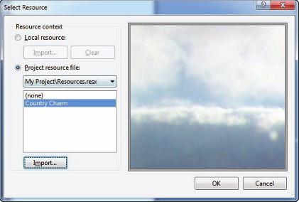 The PictureBox Tool 4. To include the image file within the project itself, the Project resource file radio button must be selected in the Select Resource dialog box.