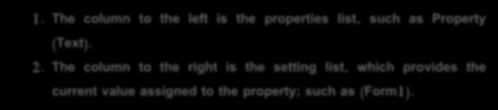 1. The column to the left is the properties list, such as Property (Text). 2. The column to the right is the setting list, which provides the current value assigned to the property; such as (Form1).