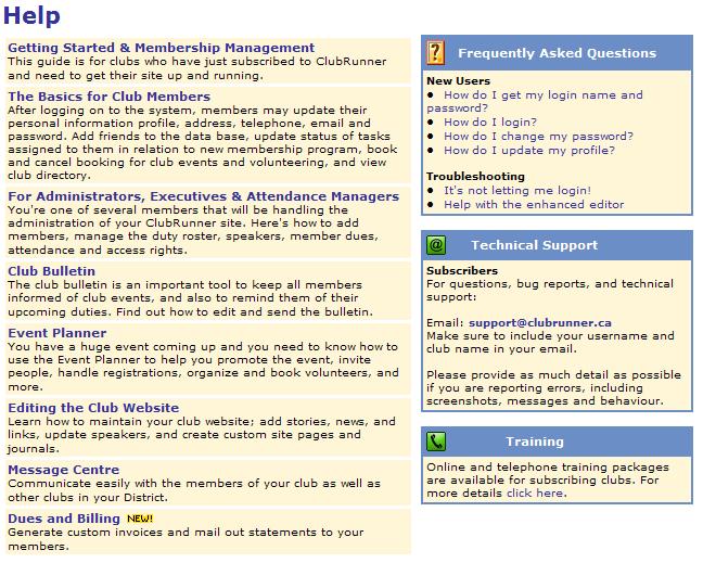 Resources: Club-Level Help Menu This is the club-level help menu.
