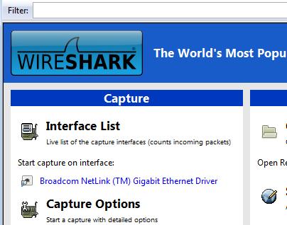 Figure 1: Wireshark Packet Capture Options Below the menu, the capture window is divided into three distinct areas.