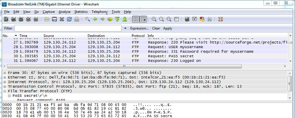 Figure : An FTP Login Sequence in Wireshark ASSIGNMENT DELIVERABLE # 3: Answer these short essay questions in the email you are sending me with the other deliverables. 1.