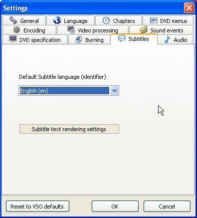 Subtitles Here you enter the basic settings, which are loaded at the start of the application (ConvertXtoDVD) Previous Top Next In this tab you can specify subtitle default settings that will be used