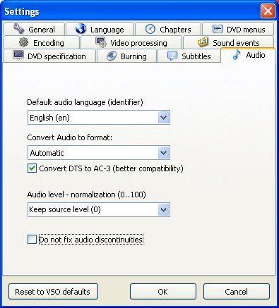 Audio Here you enter the basic settings, which are loaded at the start of the application (convertxtodvd) Previous Top Next On this tab you can specify audio defaults