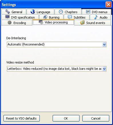 Video processing Here you enter the basic settings, which are loaded at the start of the application (ConvertXtoDVD) Previous Top Next On this tab you can specify video processing