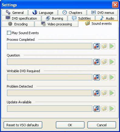 Sound events Here you enter the basic settings, which are loaded at the start of the application (ConvertXtoDVD) Previous Top Next On this tab you can specify audio files to be played once a specific