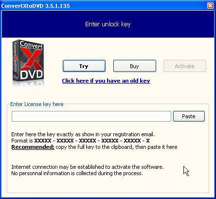 Software Registration Previous Top Next When opening ConvertXtoDVD for the first time, you will see the above trial window giving you 3 choices: 1. Click Try to try the software.