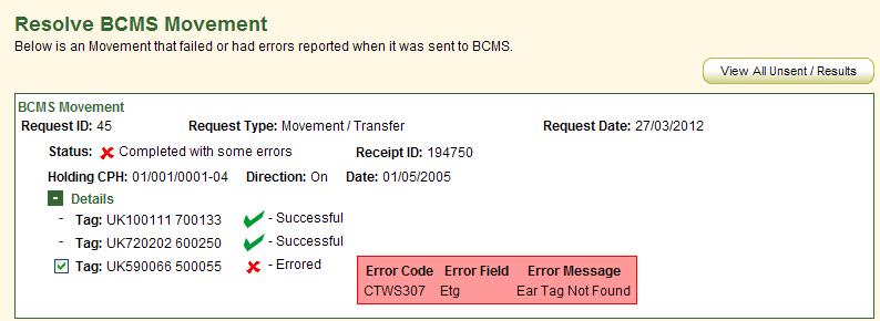 UNRESOLVED The Unresolved tab shows requests that BCMS reported errors for.