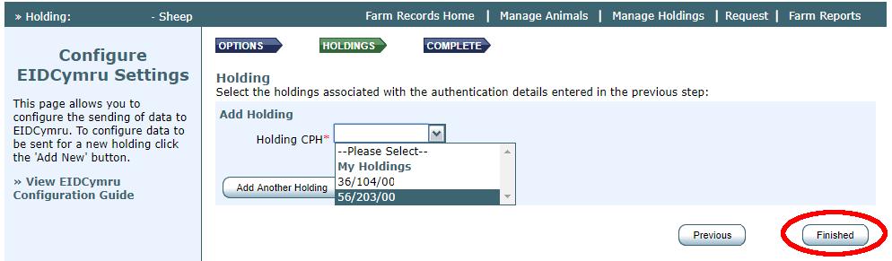 On the holding screen, use the dropdown menu to select the CPH number that is associated with the EIDCymru account.