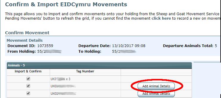 Click Confirm Movement to send the movement record to EIDCymru.