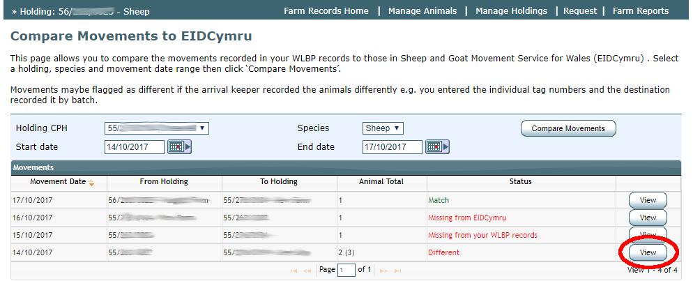 Choose a holding, species, enter a movement date range and click Compare Movements and WLBP Farm Records will first download movements from EIDCymru, then compare them with movements recorded in WLBP