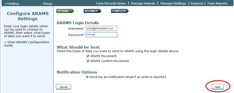 On the top navigation bar click on Farm Records. Move your mouse over Manage Holdings on the tool bar. From the drop-down list of options select ARAMS > Configure.