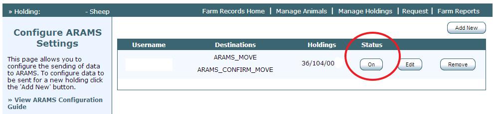 Check the status of your ARAMS connection on the Configure screen. Status can be switched on and off - it must be on to send data electronically.