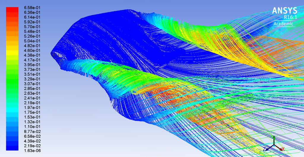 Figure 18: 3D wingsuit at 45 m/s and 32 angle of attack with streamlines colored by Modified Turbulent Viscosity VI.