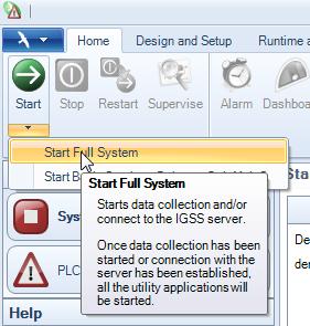 Page 23 of 24 STEP 5. Running the project 1) In the IGSS Master module, under the Home tab, click the Start button.