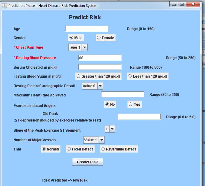 3.3 Improved GUI:- As shown in figure the result shows risk predict =>low risk by inserting 2 attributes in the application form of heart disease risk prediction system.