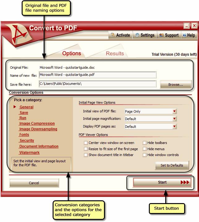 Options Tab Each time you print to the Convert to PDF printer the Convert to PDF application will launch showing you