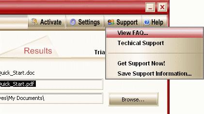 Support The Support caption button presents a menu with shortcuts to the online FAQ, the main support page for the product and the online Support Request web form.