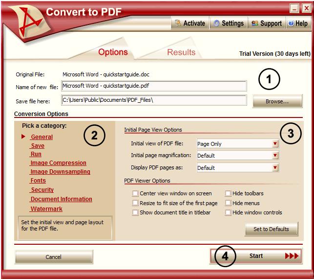 Choose the file name and folder in which to save your new PDF file. The Browse button can be used to find and select the folder. The name of the document you are converting is also shown.