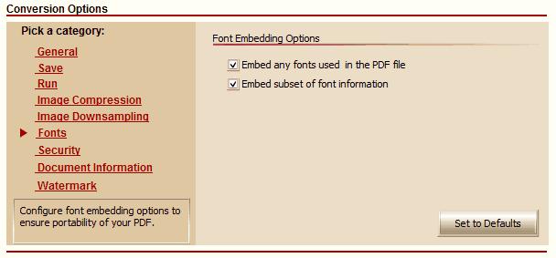 Fonts Embedding fonts in the PDF file will make the file larger but also will make sure that when someone views your PDF they will see exactly what you see.