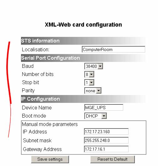 4.4 Set parameters for the network and the serial port Using the browser: select the STS Web Card Configuration command to access the Serial Port Configuration and the IP Configuration fields, make