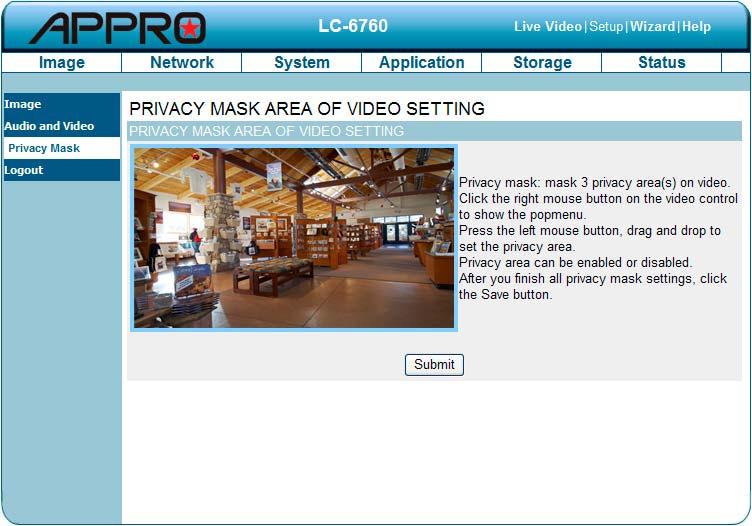 The Privacy Mask setting page Click on the Privacy Mask button to enter the Privacy Mask Area setting page.