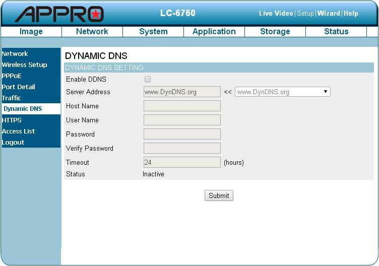 Change the Network Setting DDNS. The DDNS (Dynamic Domain Name Server) will hold a DNS host name and synchronize the public IP address of the modem when it has been modified.
