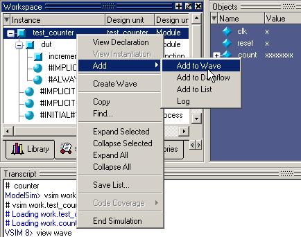7 Running the simultion Figure 8: Adding signls to the Wve window Now you will run the simultion. 1 Set the grphic user interfce to view the Wve deugging pne in the Min window.