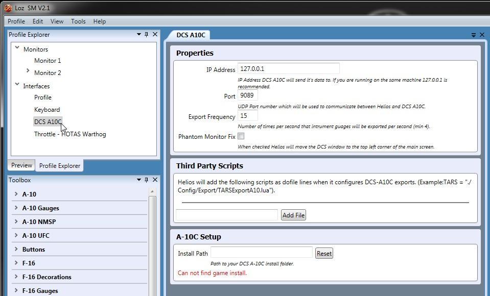 First, select the Profile Explorer tab (beside Preview), and double-click DCS A10C. This brings up the setup screen as shown below (Figure 30). Figure 30.