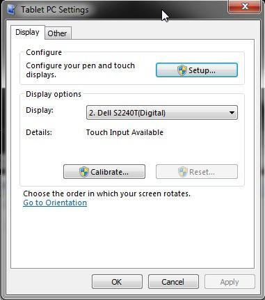 In the dialog below (Figure 38) make sure that Display is set to the touchscreen monitor, and then click Setup.